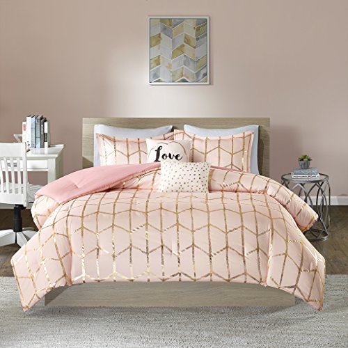 Product Cover Intelligent Design Raina Comforter Set Full/Queen Size - Blush Gold, Geometric - 5 Piece Bed Sets - Ultra Soft Microfiber Teen Bedding for Girls Bedroom