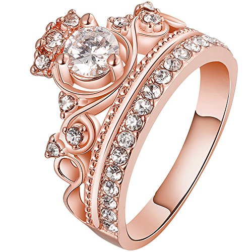Product Cover LWLH Women Crown Tiara Ring Princess Queen 18K White/Rose Gold Plated Tiny CZ Bridal Girl Promise Wedding Band