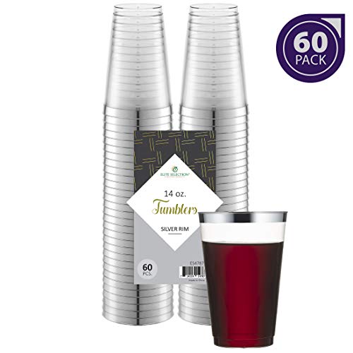 Product Cover Silver Plastic Cups 14 Oz. Pack of (60) Clear Disposable Plastic Cups - Silver Rim Cups - Fancy Hard Plastic Cups - Party Accessories - Wedding - Elegant Clear Cups- Tumblers