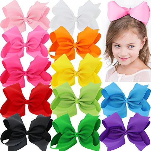 Product Cover BIG 8 Inches Hair Bows For Girls Grosgrain Boutique Hair Bow Clips For Teens Kids Toddlers 12 Pcs