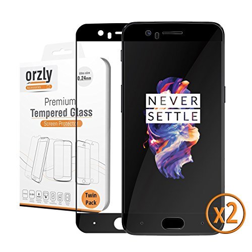 Product Cover Orzly OnePlus 5 Screen Protector, Pro-Fit Twin Pack Tempered Glass Screen Protector for OnePlus 5 [Full Screen Coverage] - Black Frame