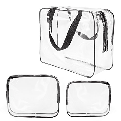 Product Cover 3Pcs Crystal Clear Cosmetic Bag TSA Air Travel Toiletry Bag Set with Zipper Vinyl PVC Make-up Pouch Handle Straps for Women Men, Roybens Waterproof Packing Organizer Storage Diaper Pencil Bags Black