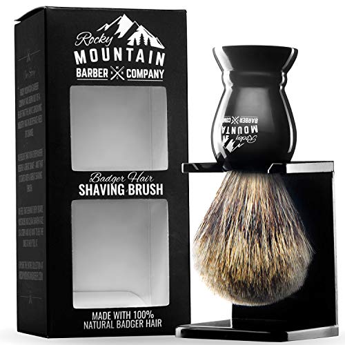 Product Cover Shaving Brush with Stand - Rocky Mountain Barber Pure 100% Best Badger Hair Barber Grade with Black Heavy Duty All-Resin Handle and Oversized Bristle Head For Better Shaving Cream Lather