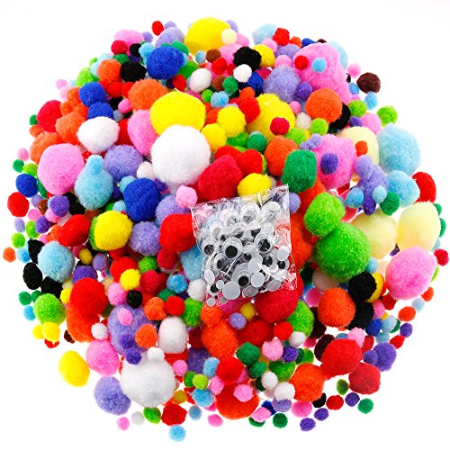 Product Cover Caydo 1400 Pieces 5 Sizes Multicolor Pom Poms Assorted Pompoms with 4 Sizes Wiggle Eyes for DIY, Crafts and Decorations