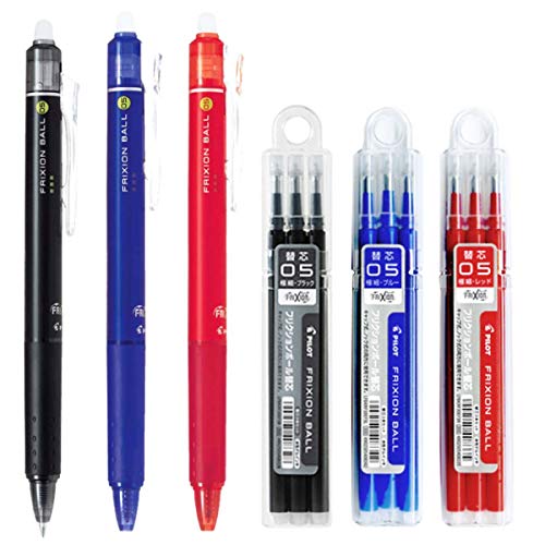 Product Cover Pilot FriXion Ball Knock Retractable Erasable Gel Ink Pens, Extra Fine Point 0.5mm, Black/Blue/Red Ink, 3 Pens & 9 Refills Value Set