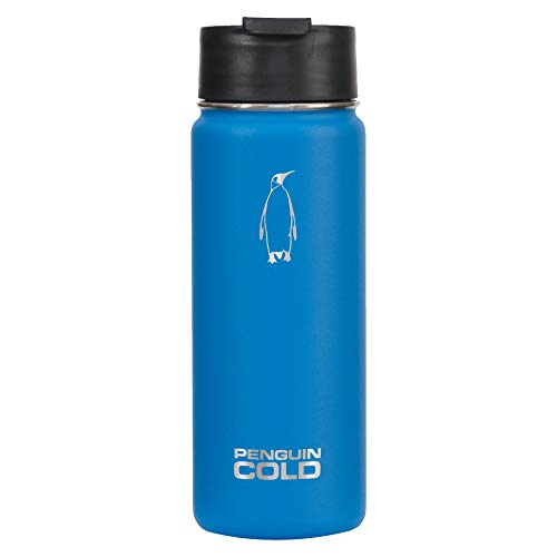 Product Cover Penguin Cold Insulated Stainless Steel Bottle - 18 oz. BPA-free Wide Mouth Travel Coffee Mug with Black Sipper Lid (Blue)