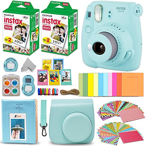 Product Cover Fujifilm Instax Mini 9 Instant Camera ICE Blue + Fuji INSTAX Film (40 Sheets) + Accessories Kit Bundle + Custom Case with Strap + Assorted Frames + Photo Album + 60 Colorful Sticker Frames + More