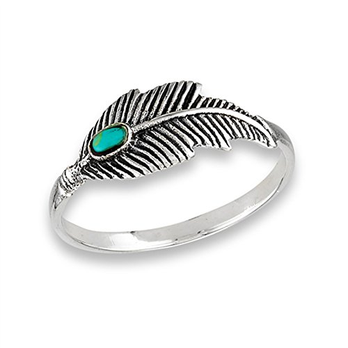 Product Cover Simulated Turquoise Oxidized Feather Ring .925 Sterling Silver Tree Leaf Band Size 8