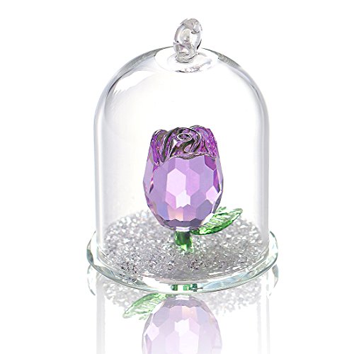 Product Cover H&D Crystal Enchanted Rose Flower Figurine Dreams Ornament in a Glass Dome Gifts for her (Purple)