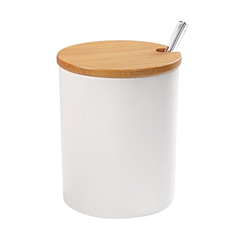 Product Cover 77L Sugar Bowl, Ceramic Sugar Bowl with Sugar Spoon and Bamboo Lid for Home and Kitchen, Elegant Design, White, 10.8 FL OZ (320 ML)