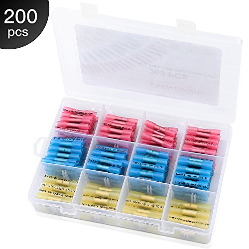 Product Cover 200pcs Heat Shrink Butt Connectors Terminals, Eventronic Insulated Waterproof Marine Automotive Copper Wire Electrical Kits (3 Colors 3 Sizes)