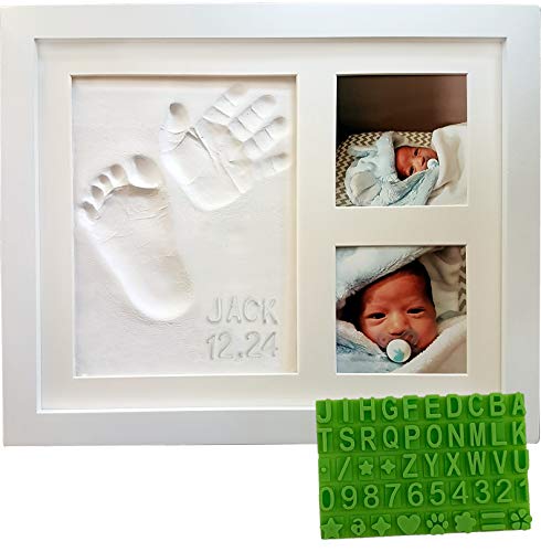 Product Cover Baby Handprint & Footprint Keepsake Photo Frame Kit - Personzalize it w/Free Stencil! Non-Toxic Clay, Wall/Table Wood Picture Frame. Perfect Registry, Baby Shower, New Mom, Birthday & Newborn Gift!