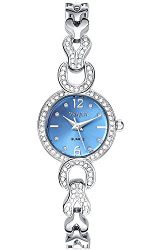 Product Cover INWET Rhinestone Bracelet Watch for Women,Blue Dial Crystal Indexes,Slim Stainless Steel Watch Band,Girls Bracelet Watch