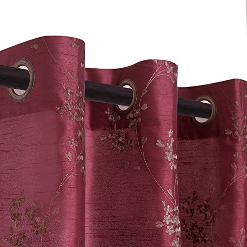 Product Cover jinchan Faux Silk Floral Embroidered Grommet Top Curtains for Bedroom Embroidery Curtain for Living Room 84 inches Long, 2 Panels, Burgundy Red