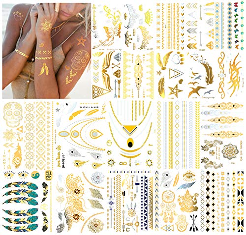 Product Cover 20 Sheets Premium Metallic Tattoos - 300+ Shimmer Designs in Gold, Silver, Black and Turquoise - Temporary Fake Jewelry Tattoos - Bracelets, Feathers, Wrist and Arm Bands