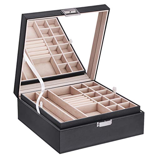 Product Cover Jewelry Box Organizer 40 Section Display Tray Storage Case Drawer 2 Layers Large Mirror Girls Teens Women Holder for Earring Ring Necklace Bracelet PU Leather Black SSH01B
