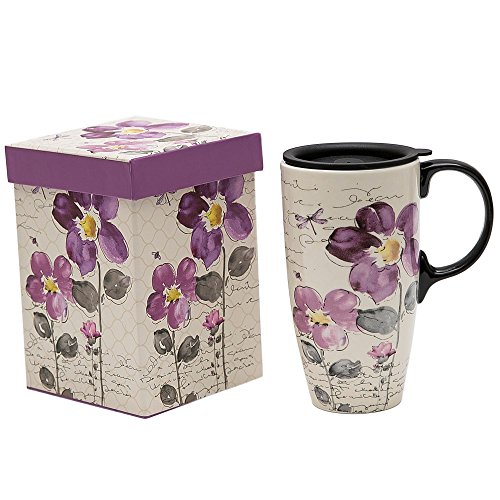 Product Cover Topadorn Tall Ceramic Travel Mug 17 oz. Coffee Cups Sealed Lid With Gift Box (Purple Flower)