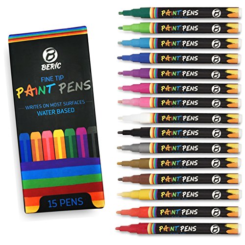 Product Cover Beric Premium Paint Pens 15 pack, Water-based, Marker, Fine Tip, Writes on Almost Anything, Water and Sun Resistant Vibrant Colors Low Odor Long Lasting, Fast Drying Assorted Colors