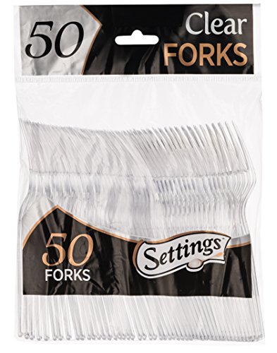Product Cover [50 Count] Settings Plastic Clear Forks, Heavyweight Disposable Cutlery, Great For Home, Office, School, Party, Picnics, Restaurant, Take-out Fast Food, Outdoor Events, Or Every Day Use, 1 Bag