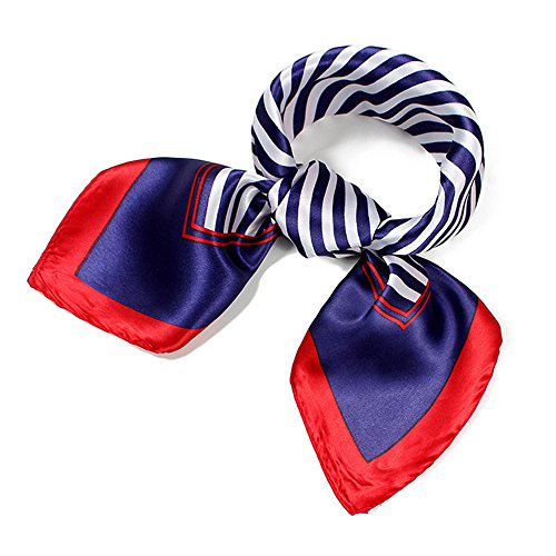 Product Cover QBSM Womens Red Navy White Striped Sailor Satin Silky Formal Flight Attendant Square Scarf Neckerchief