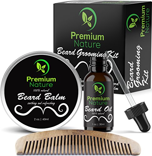 Product Cover Beard Grooming Kit for Men - Beard Care Gift Sets Best Mustache and Beard Growth Natural Beard Oil Beard Softener Conditioner Balm Butter And Wooden Comb Best Gift Idea for Men Premium Nature