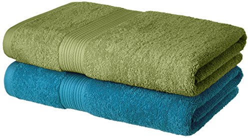 Product Cover Amazon Brand - Solimo 100% Cotton 2 Piece Bath Towel Set, 500 GSM (Olive Green and Turquoise Blue)