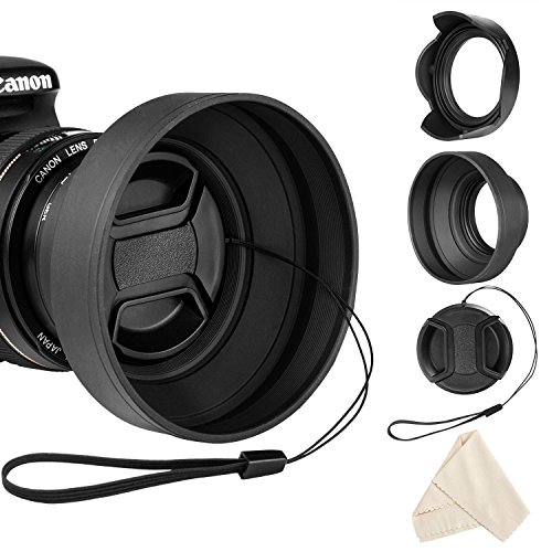 Product Cover 55mm Lens Hood Set for Nikon D3400 D3500 D5500 D5600 D7500 DSLR Camera with AF-P DX 18-55mm f/3.5-5.6G VR Lens, Collapsible Rubber Hood + Reversible Tulip Flower Hood + Lens Cap + Cleaning Cloth