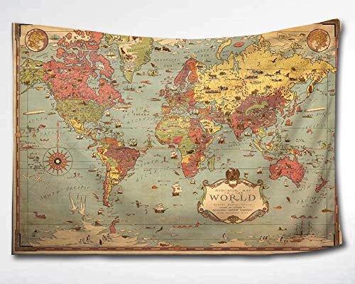Product Cover HMWR World Map Tapestry Wall Hanging Vintage Ancient Shabby Chic World Map Compass Wall Fabric Tapestry Throw Artwork Home Decoration for Living Room Bedroom Dorm (60x90 Inch)