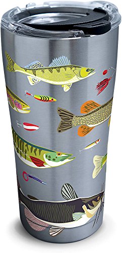 Product Cover Tervis 1261365 Freshwater Fish and Lures Stainless Steel Tumbler with Clear and Black Hammer Lid 20oz, Silver