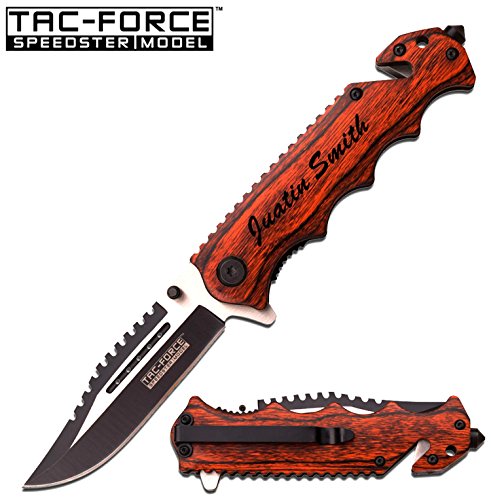 Product Cover GIFTS INFINITY Free Engraving -Wood Survival Knife: 3 in 1 Tactical Spring Assisted Pocket Knife, Seat Belt Cutter, Razor Sharp Stainless Steel Folding Knife and Window Breaker