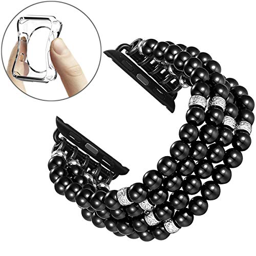 Product Cover Fastgo Compatible for Apple Watch Band 38mm 40mm, Handmade Beaded Elastic Stretch Pearl Bracelet Replacement Compatible for iWatch Strap Series 5/4/3/2/1 Women Girls(Black - 38/40mm)