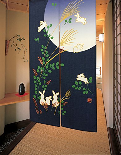 Product Cover LIGICKY Japanese Noren Door Way Curtain Running Rabbits Under Full Moon Tapestry 33x59inch HG002B