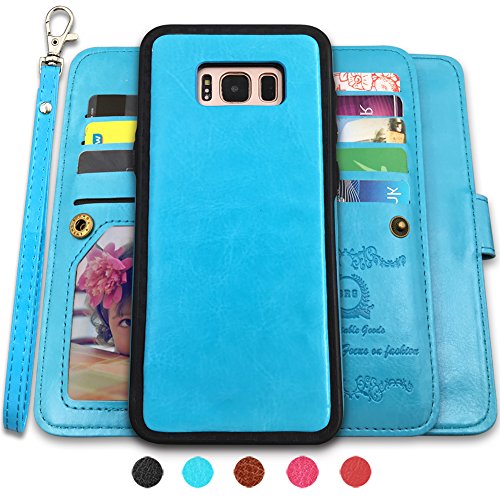 Product Cover CASEOWL Galaxy S8 Cases,Magnetic Detachable Lanyard Wallet Case with [8 Card Slots+1 Photo Window][Kickstand] for Galaxy S8-5.8 inch, 2 in 1 Premium Leather Removable TPU Case(Blue)