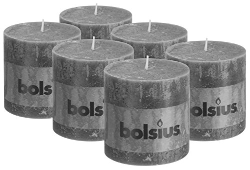 Product Cover BOLSIUS 6 Pk. Rustic Light Gray Pillar Party Wedding Candles 100 x 100 mm Approx. 4 x 4 Inches Party Candles Or Restaurant Candles