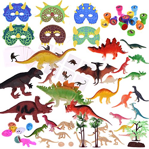 Product Cover 88Pcs Kids Dinosaur Toy Kit Including Assorted Mini Figures, Stamps, Masks, Dinosaur Eggs, Sticker Tattoos and More for Dinosaur Party Supplies, Easter Egg Stuffers, Easter Egg Fillers