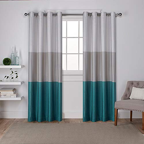 Product Cover Exclusive Home Curtains Chateau Striped Faux Silk Window Curtain Panel Pair with Grommet Top, 54x84, Teal, 2 Piece
