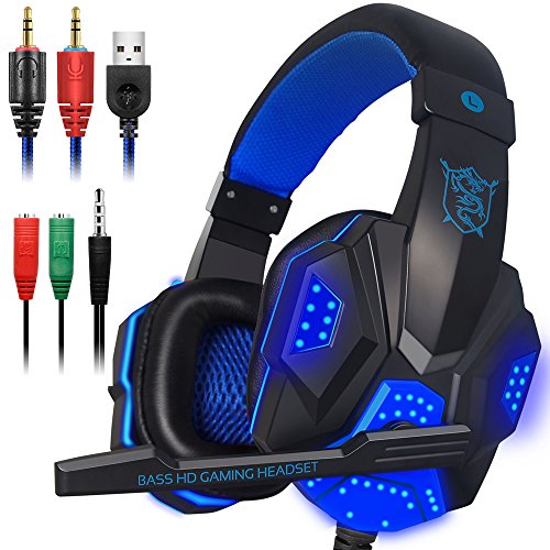 Product Cover Gaming Headset with Mic and LED Light for Laptop Computer, Cellphone, PS4 and so on, DLAND 3.5mm Wired Noise Isolation Gaming Headphones - Volume Control.(Black and Blue)