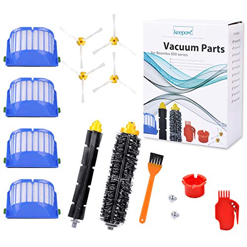 Product Cover KEEPOW Replacement Accessories Kit for iRobot Roomba 600 Series 675 690 680 671 652 650 620 614 595 Vac Parts, 4 Hepa Filters,4 Side Brushes,1 Flexible Beater Brush,1 Bristle Brush,2 Cleaning Tool