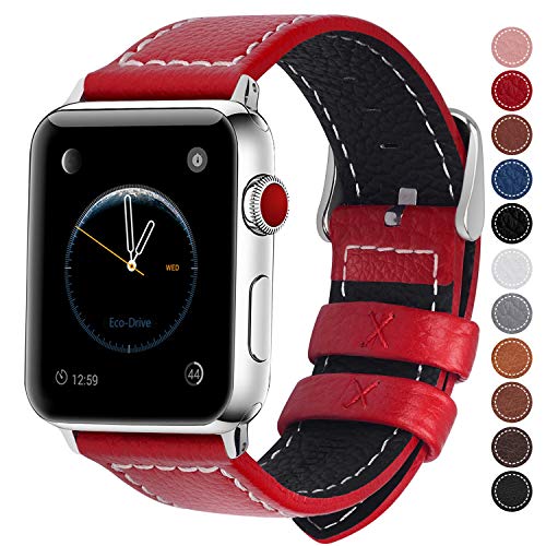 Product Cover Fullmosa Compatible Apple Watch Band Leather 42mm 44mm 38mm 40mm for iWatch Series 5/4/3/2/1,42mm/44mm Red + Silver Buckle