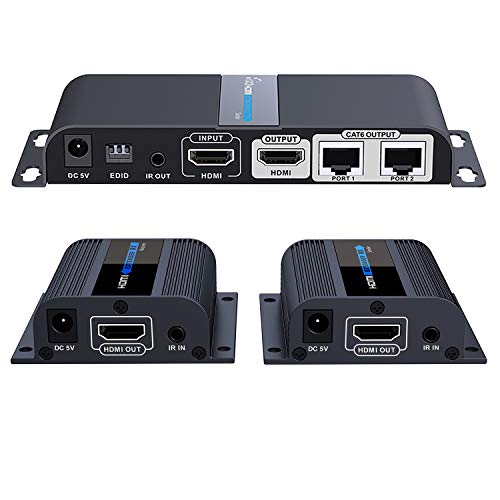 Product Cover HDMI Extender 1080P@60HZ 1x2 Splitter Device Over CAT6 / CAT6A / CAT7 Cable, Transmission up to 40m/131ft with Loop-Out Local Display,Support IR Remote Control,EDID Function