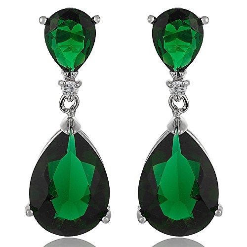 Product Cover [RIZILIA CELEBOX] Teardrop Dangle Pierced Earrings with Pear Cut CZ [Simulated Green Emerald] in White Gold Plated, Celebrity inspired by Angelina Jolie