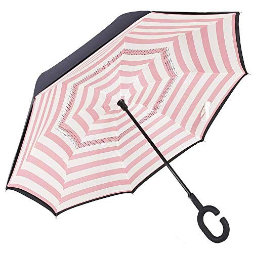 Product Cover Monstleo Inverted Umbrella,Double Layer Reverse Umbrella for Car and Outdoor Use by, Windproof UV Protection Big Straight Umbrella with C-Shaped Handle and Carrying Bag (Stripe(Pink))