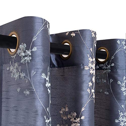 Product Cover jinchan Faux Silk Floral Embroidered Grommet Top Curtains for Living Room Embroidery Curtain 84 inch Length for Bedroom, 2 Pieces, Slate Blue