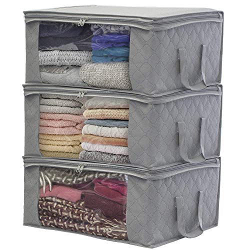 Product Cover Sorbus Foldable Storage Bag Organizers, Large Clear Window & Carry Handles, Great for Clothes, Blankets, Closets, Bedrooms, and More (3-Pack, Gray)