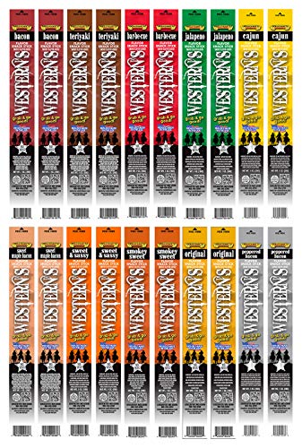 Product Cover Western's Smokehouse Meat Sticks Pack of 20 - Pork and Beef Jerky Sticks Variety Pack - Proudly Made in the USA - Assortment of 10 Flavors (2 of ea.)