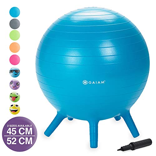 Product Cover Gaiam Kids Stay-N-Play Children's Balance Ball - Flexible School Chair Active Classroom Desk Alternative Seating | Built-In Stay-Put Soft Stability Legs, Includes Air Pump, 52cm, Blue