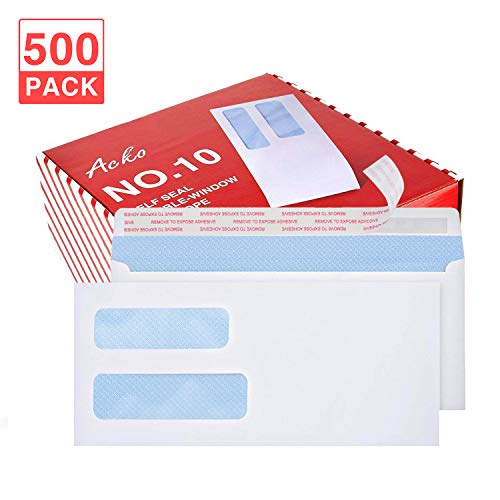 Product Cover Acko #10 500Pack Double Window Envelopes Quick-Seal Closure Envelopes 4 1/8 x 9 1/2,Security Tint Pattern Designed for Home Office Secure Mailing,Letters and Invoices - White Envelopes 500 Count