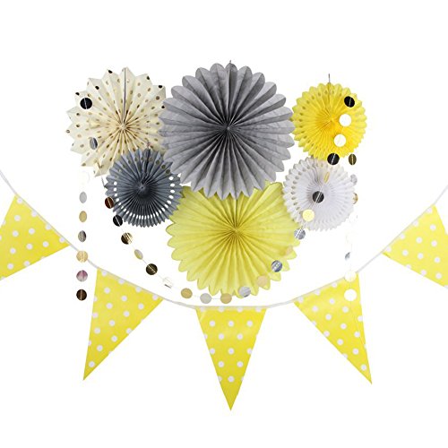 Product Cover Grey Yellow Cream Party Decor Kit Tissue Paper Fan Bunting Banner Circle Dot Garland Baby Shower Birthday Wedding Party Home Decoration SUNBEAUTY,8pcs