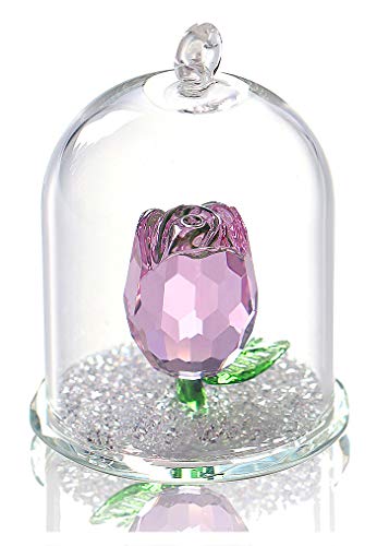 Product Cover H&D Crystal Enchanted Rose Flower Figurine Dreams Ornament in a Glass Dome Gifts for her (Pink)