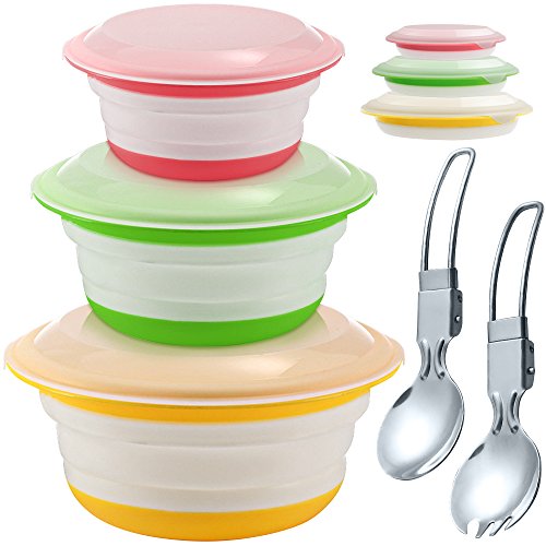 Product Cover Silicone Collapsible Storage Bowls with Lids - Set of 3, IHUIXINHE Food Grade Silicone FDA Approved, Foldable Expandable Bowls for Food Water Feeding, Portable Travel Bowl, Free Foldable Spoon & Fork